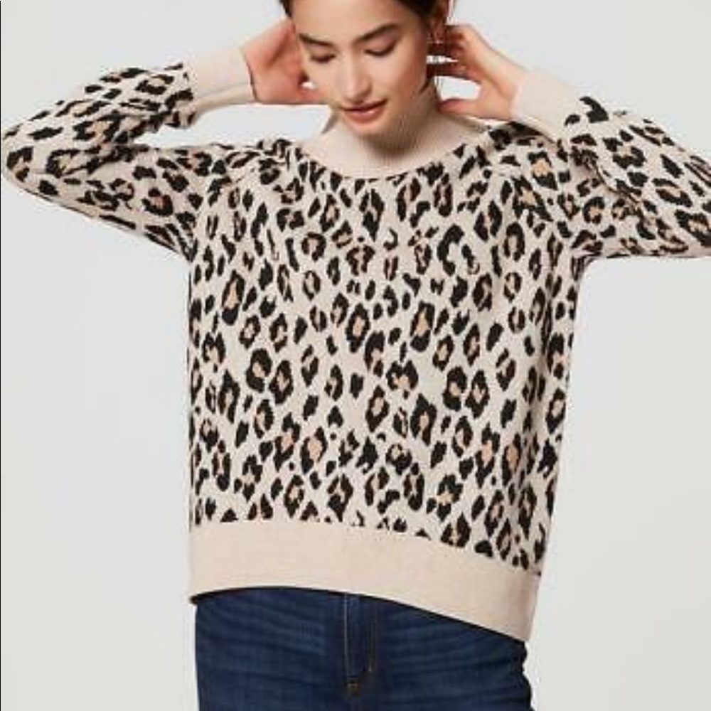 LOFT Animal Print Wool Blend Mock Neck Funnel Neck Cozy Sweater Sz XS